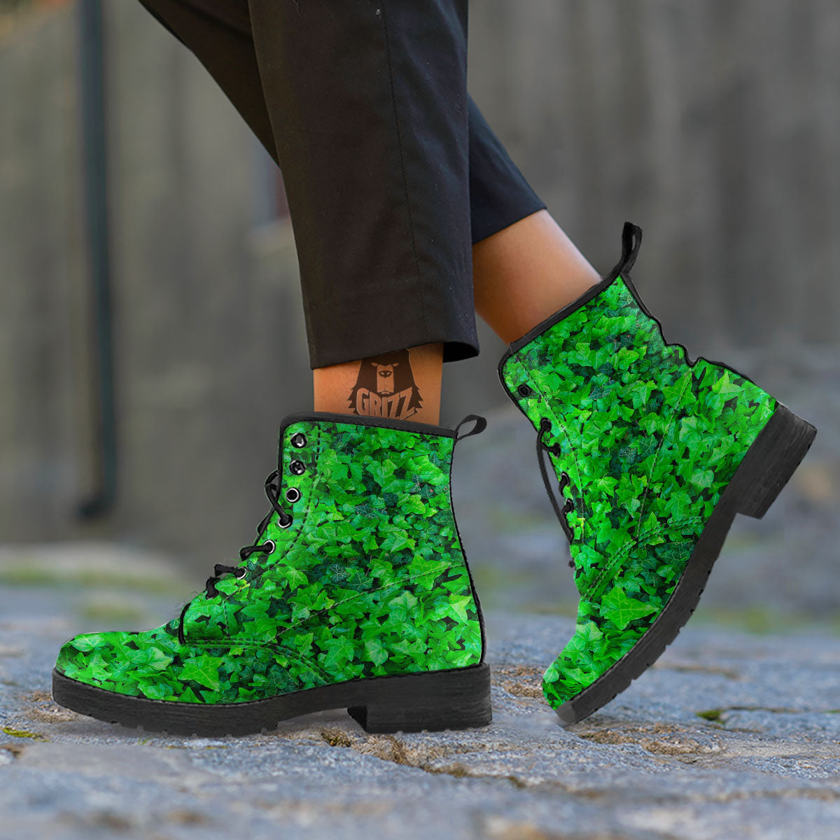 Ivy Wall Green Print Leather Boots-grizzshop