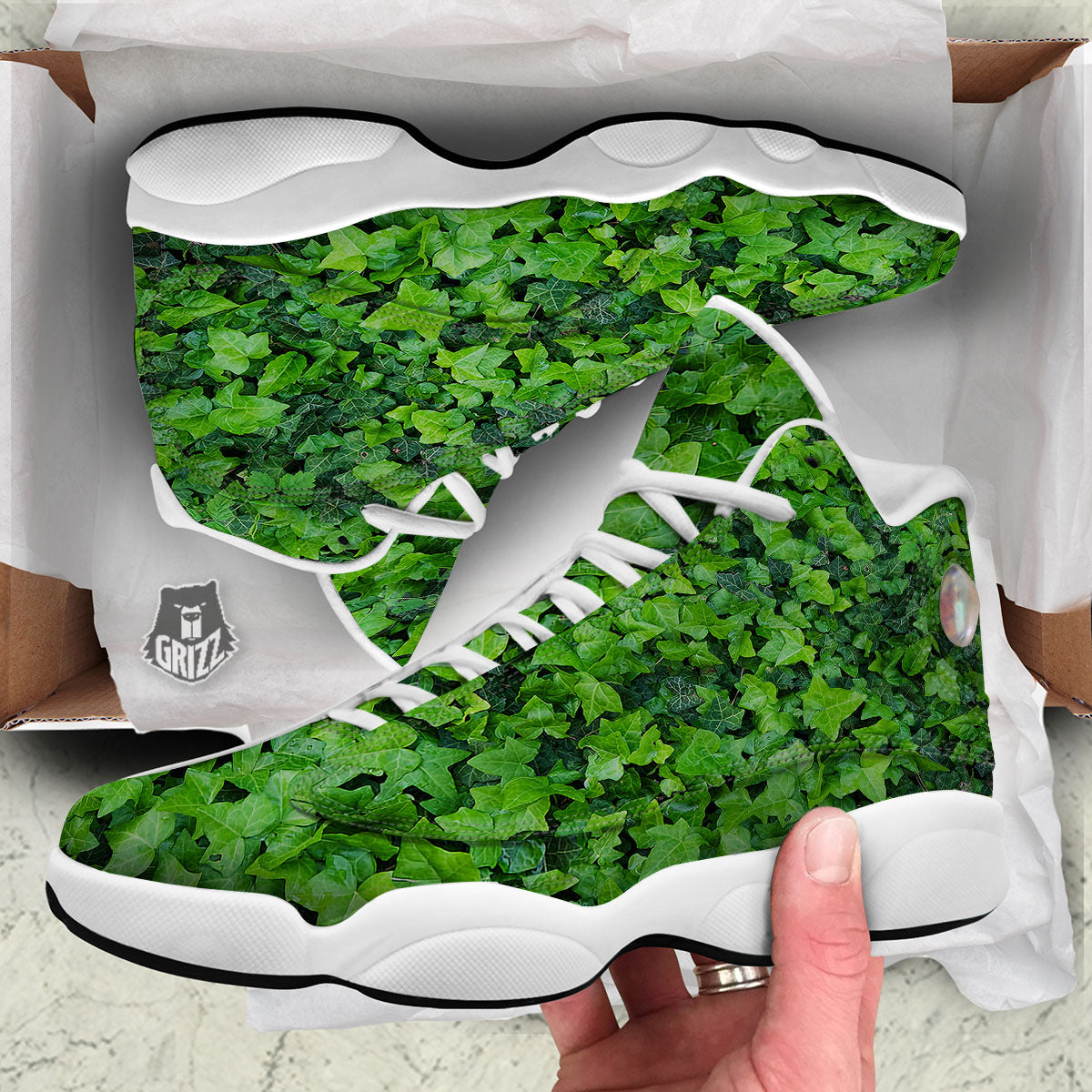 Ivy Wall Green Print White Basketball Shoes-grizzshop