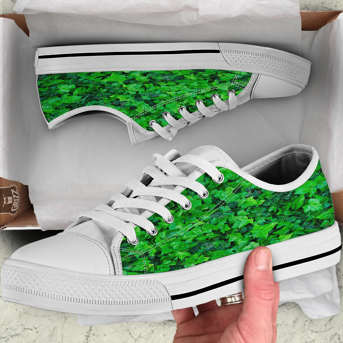 Ivy Wall Green Print White Low Top Shoes-grizzshop
