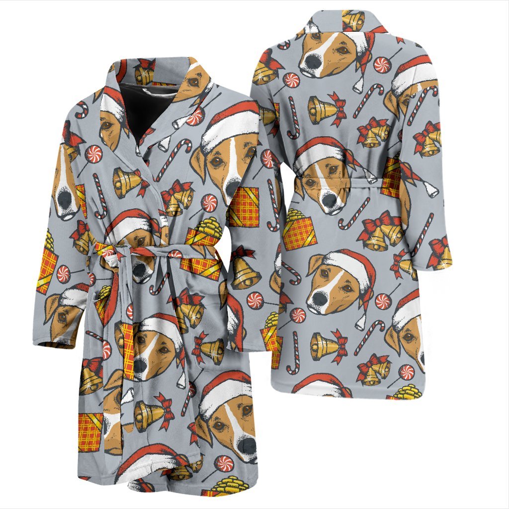 Jack Russell Dog Christmas Pattern Print Men Long Robe-grizzshop