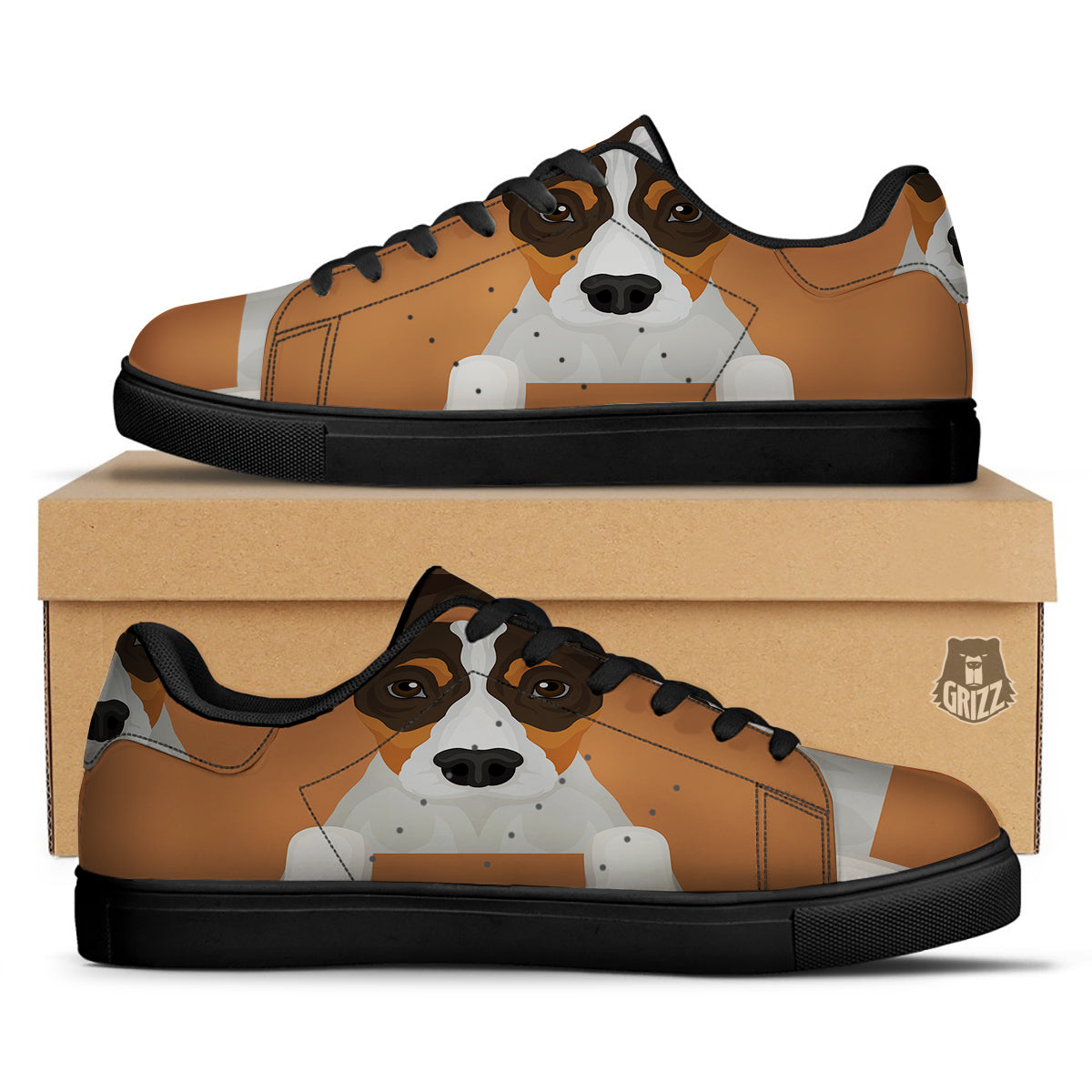 Jack Russell Terrier Cartoon Print Black Low Top Sneakers-grizzshop
