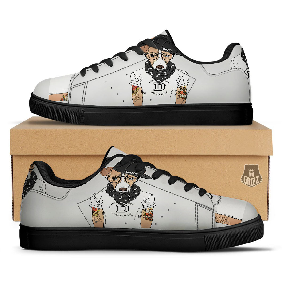 Jack Russell Terrier Hipster Print Black Low Top Sneakers-grizzshop
