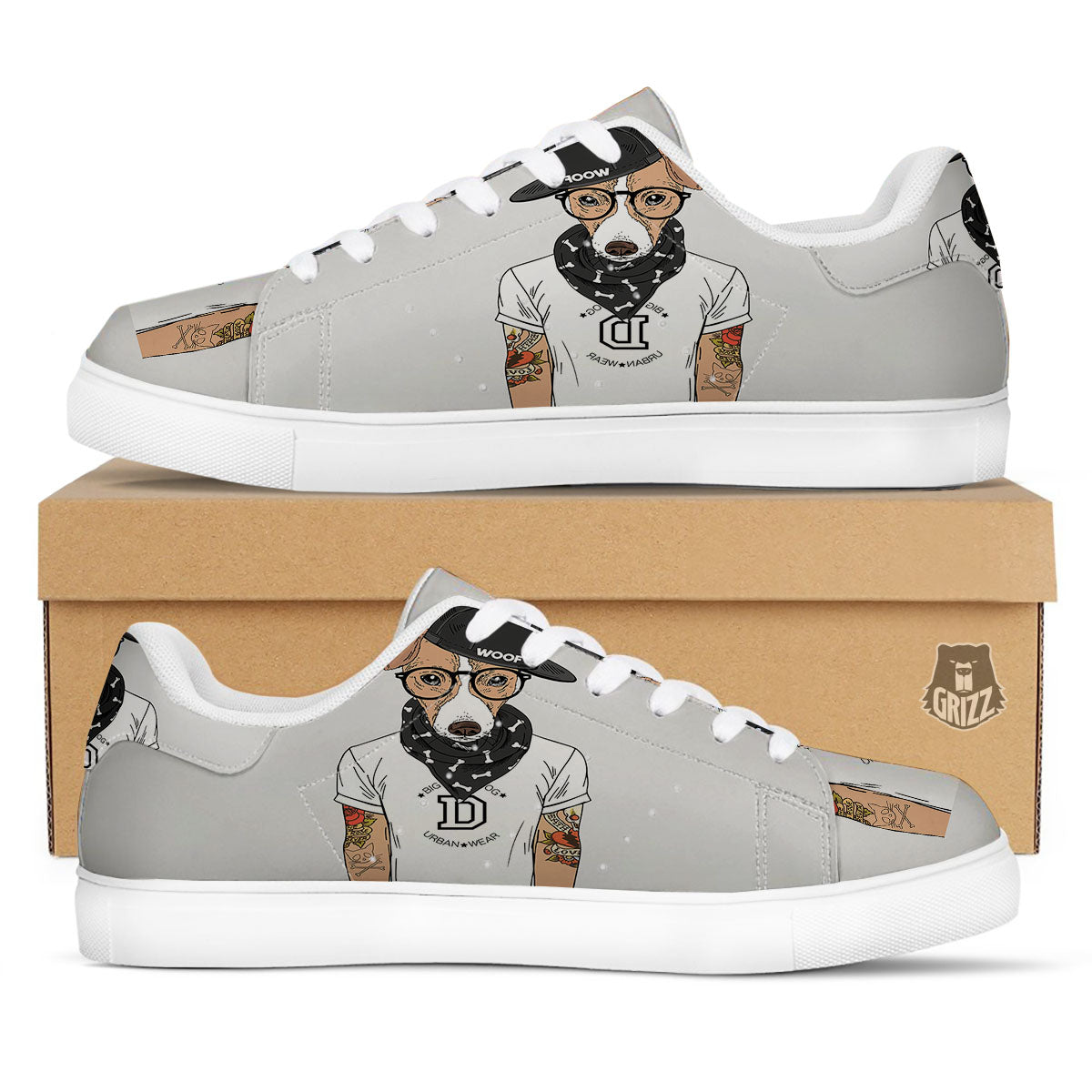 Jack Russell Terrier Hipster Print White Low Top Sneakers-grizzshop