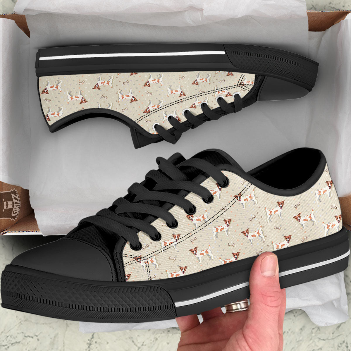 Jack Russell Terrier Polka Dot Print Pattern Black Low Top Shoes-grizzshop
