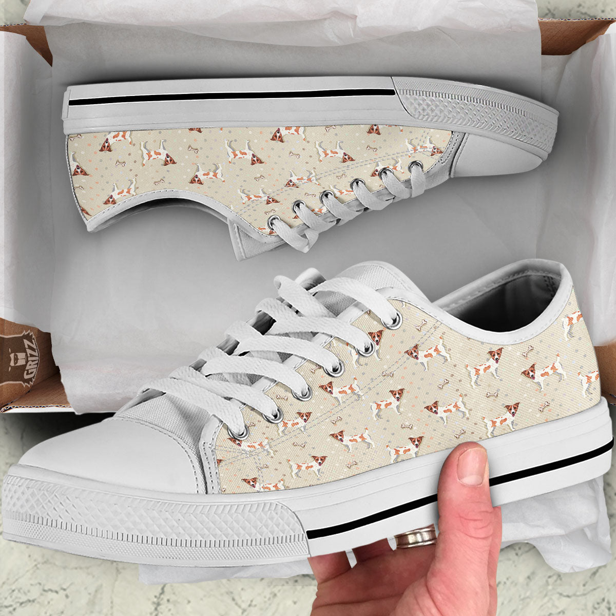 Jack Russell Terrier Polka Dot Print Pattern White Low Top Shoes-grizzshop