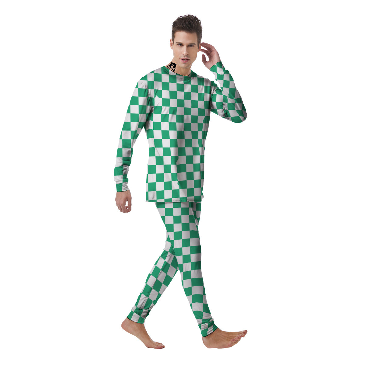 Jade Checkered Flag Print Men's Pajamas-grizzshop