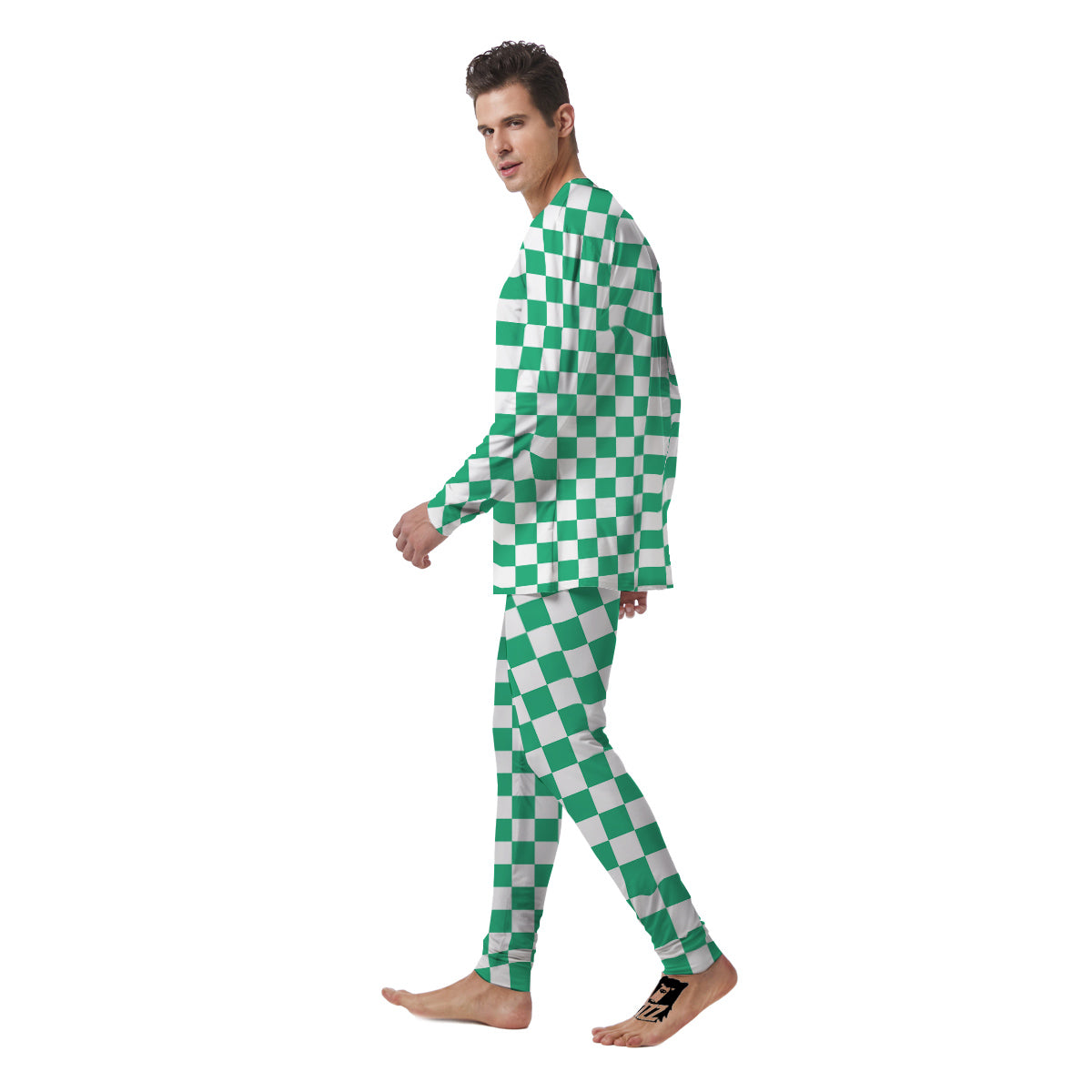 Jade Checkered Flag Print Men's Pajamas-grizzshop