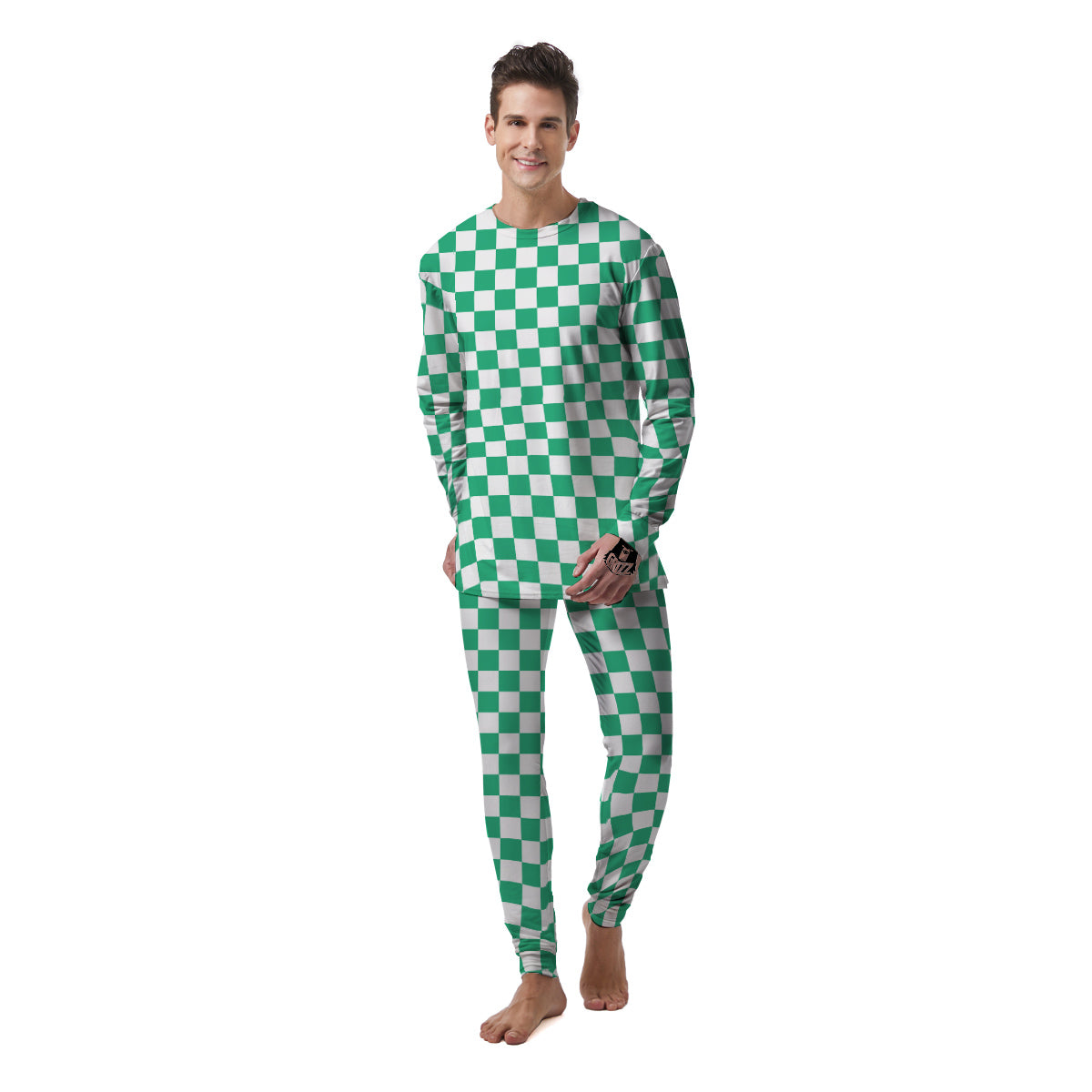 Jade Checkered Flag Print Men's Pajamas-grizzshop