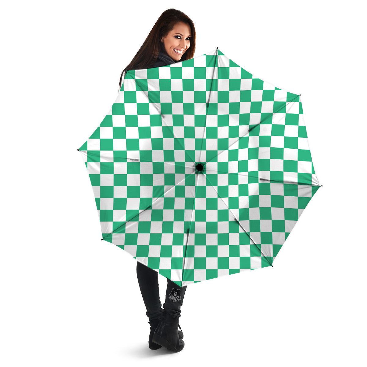 Jade Checkered Flag Print Umbrella-grizzshop