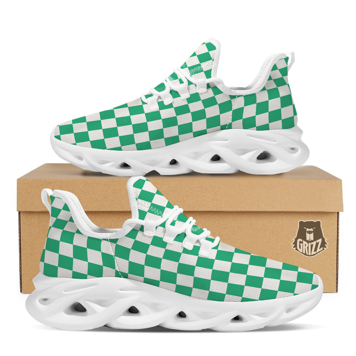 Jade Checkered Flag Print White Running Shoes-grizzshop