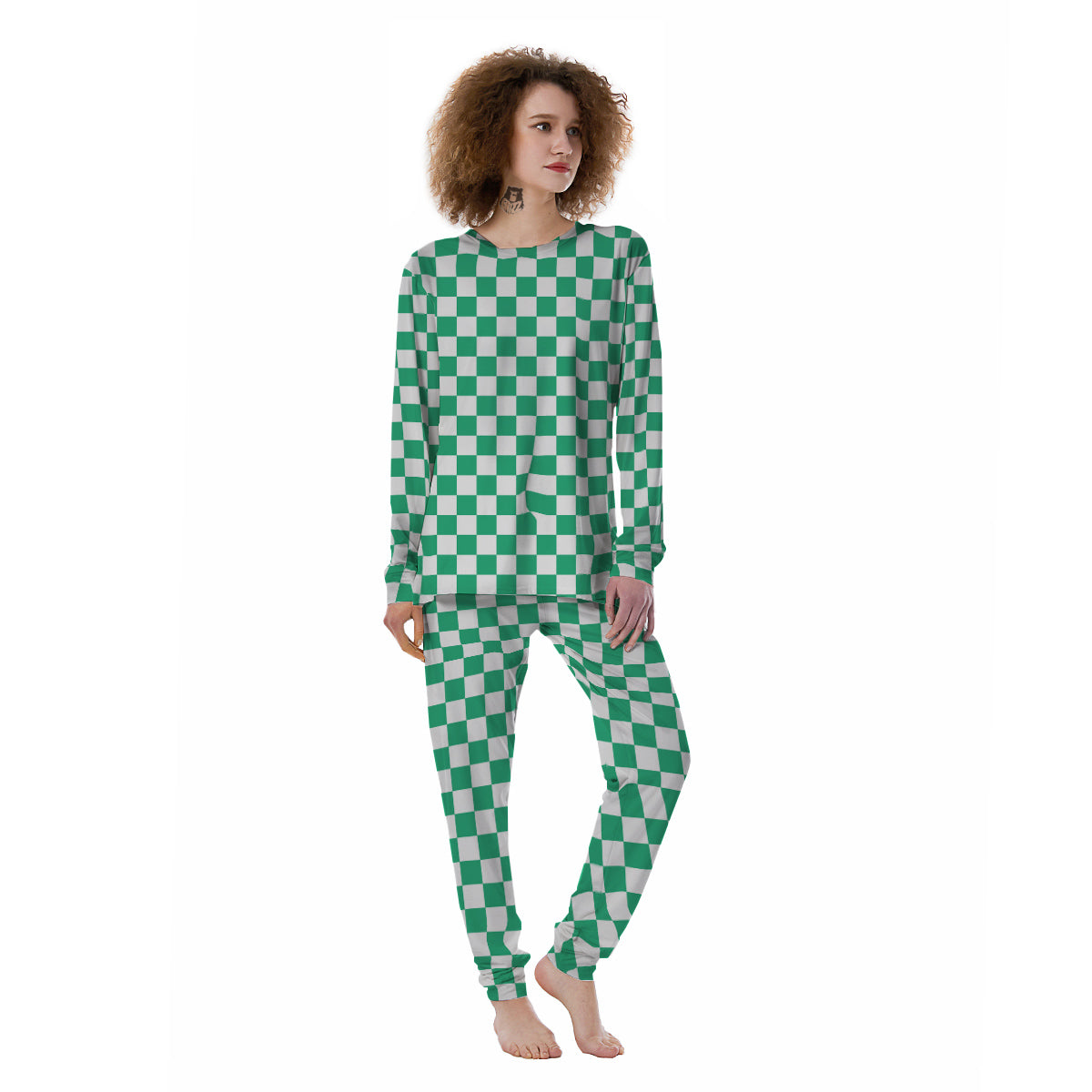 Jade Checkered Flag Print Women's Pajamas-grizzshop