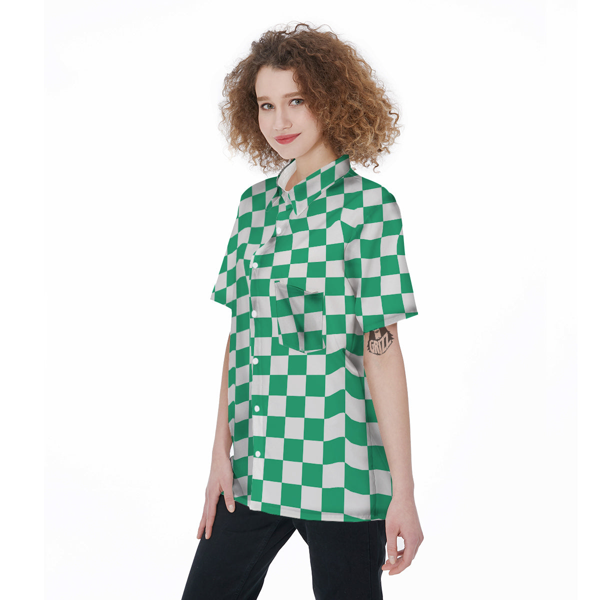 Jade Checkered Flag Print Women's Short Sleeve Shirts-grizzshop