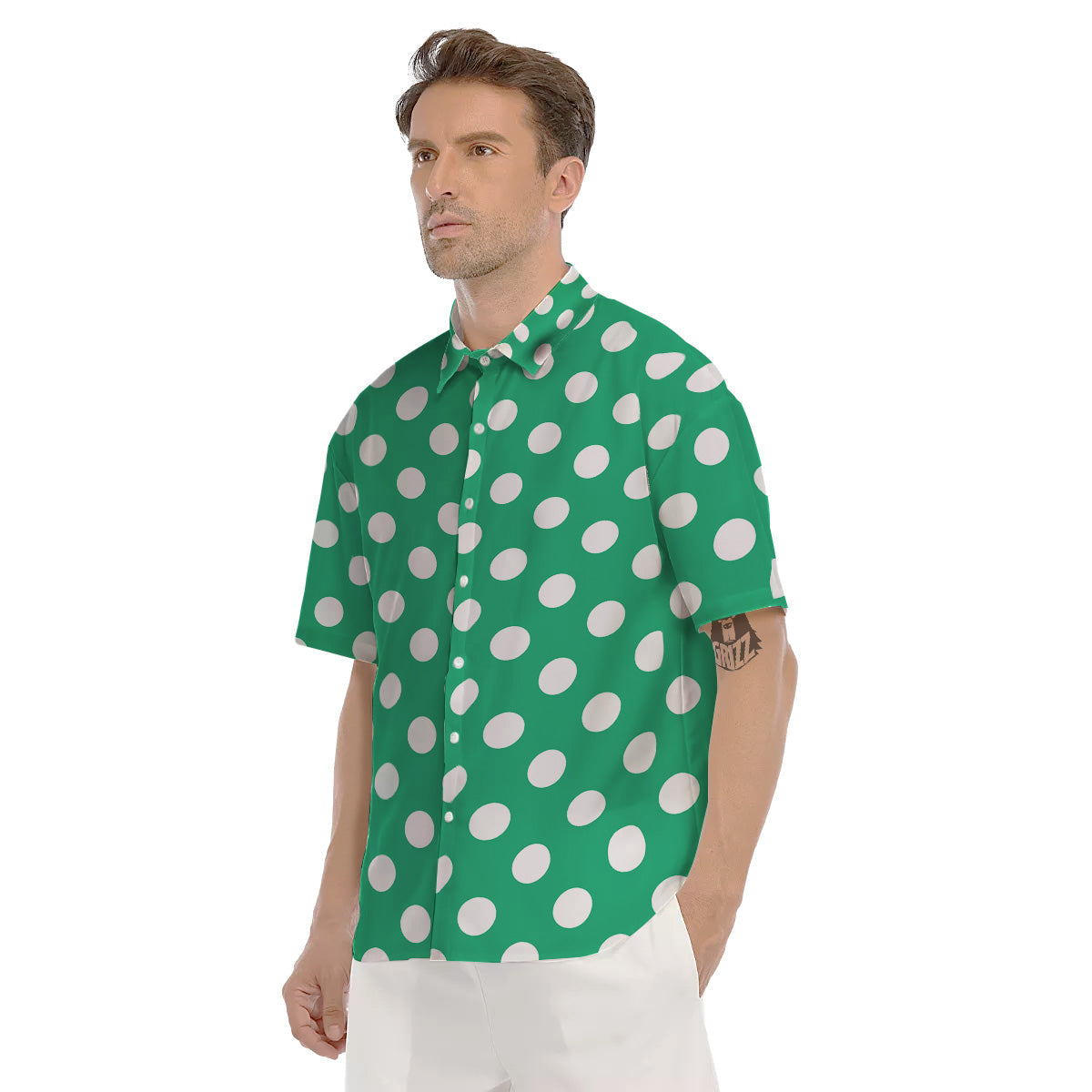 Jade Color Polka Dot Print Pattern Men's Short Sleeve Shirts-grizzshop