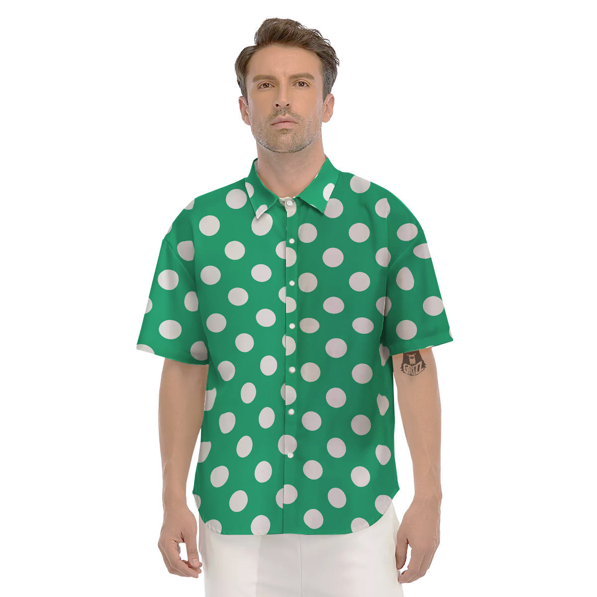 Jade Color Polka Dot Print Pattern Men's Short Sleeve Shirts-grizzshop