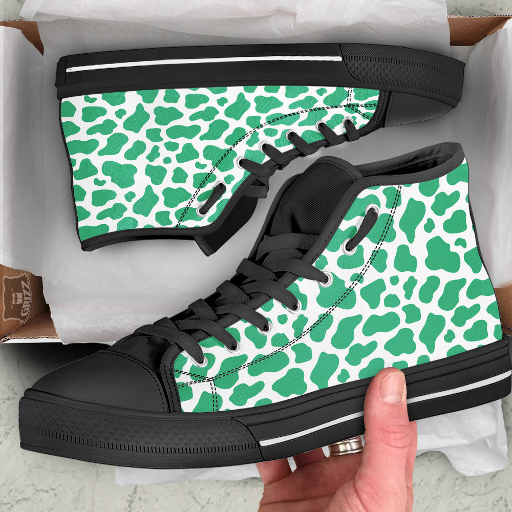 Jade Cow Print Pattern Black High Top Shoes-grizzshop