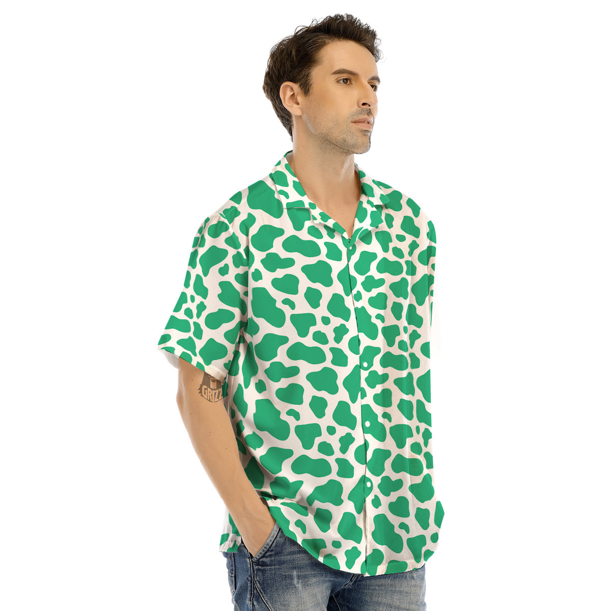 Jade Cow Print Pattern Men’s Hawaiian Shirt-grizzshop