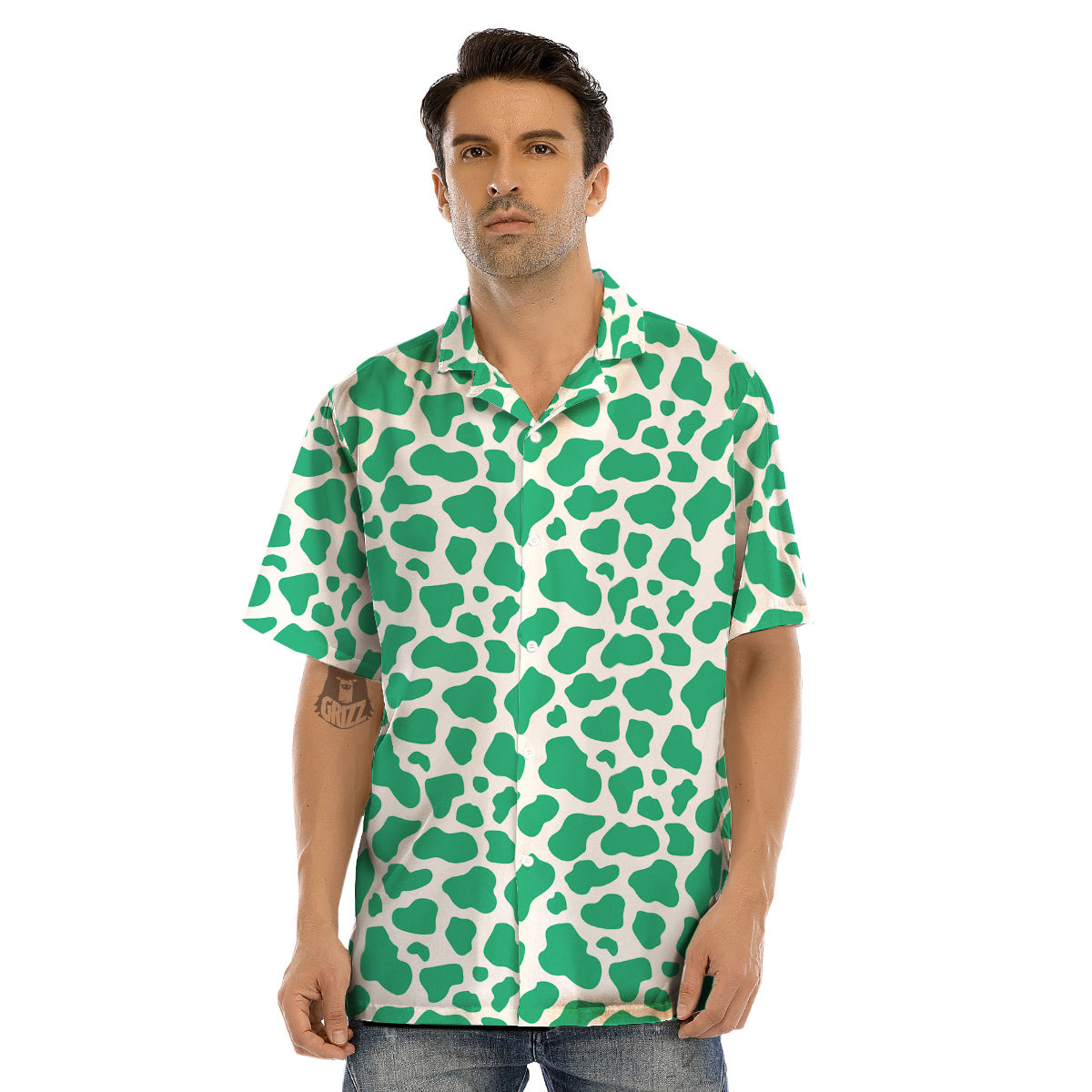 Jade Cow Print Pattern Men’s Hawaiian Shirt-grizzshop