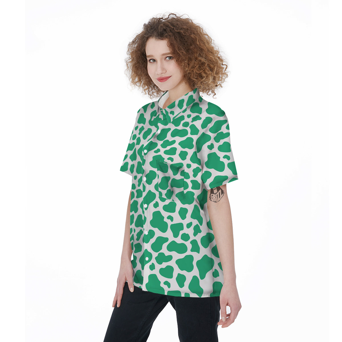 Jade Cow Print Pattern Women's Short Sleeve Shirts-grizzshop