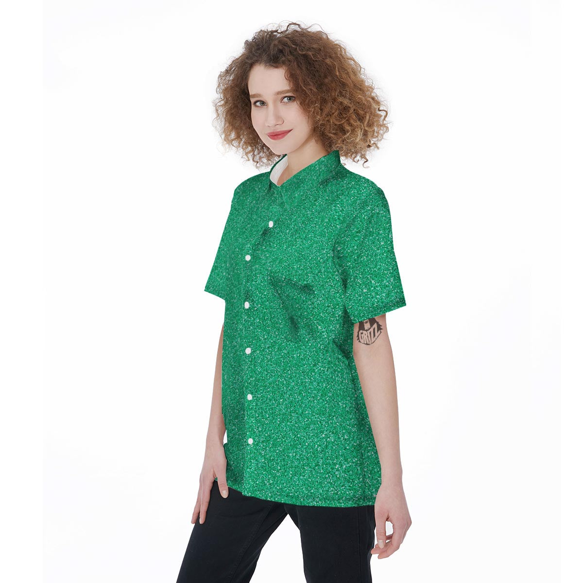 Jade Glitter Texture Print Women's Short Sleeve Shirts-grizzshop
