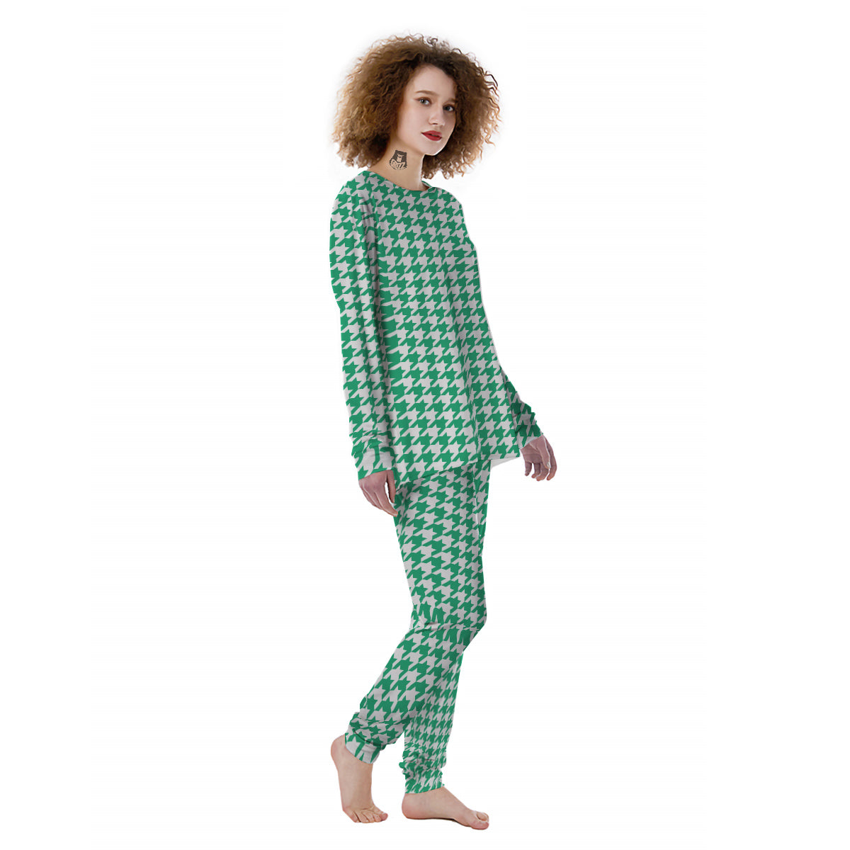 Jade Houndstooth Print Women's Pajamas-grizzshop