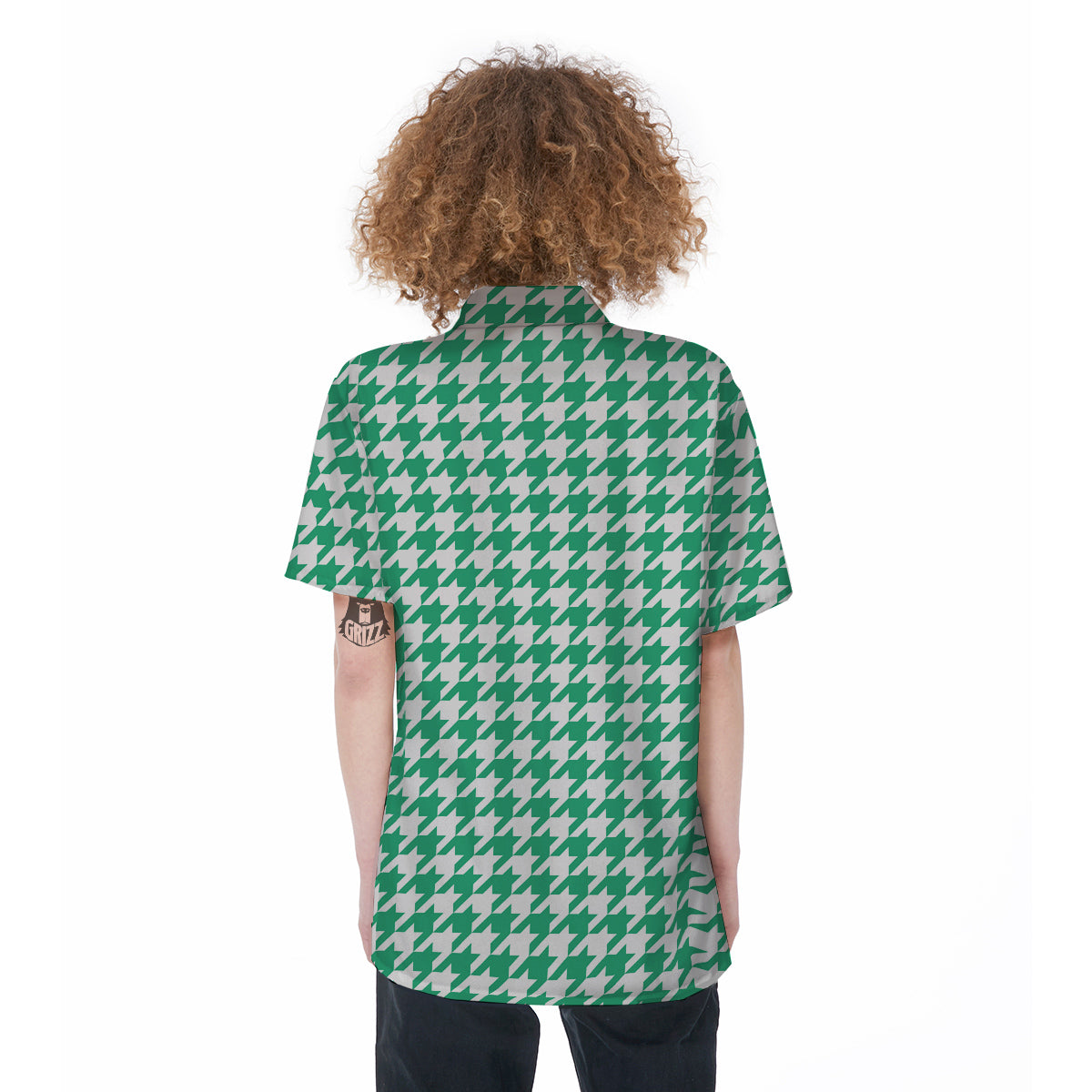 Jade Houndstooth Print Women's Short Sleeve Shirts-grizzshop