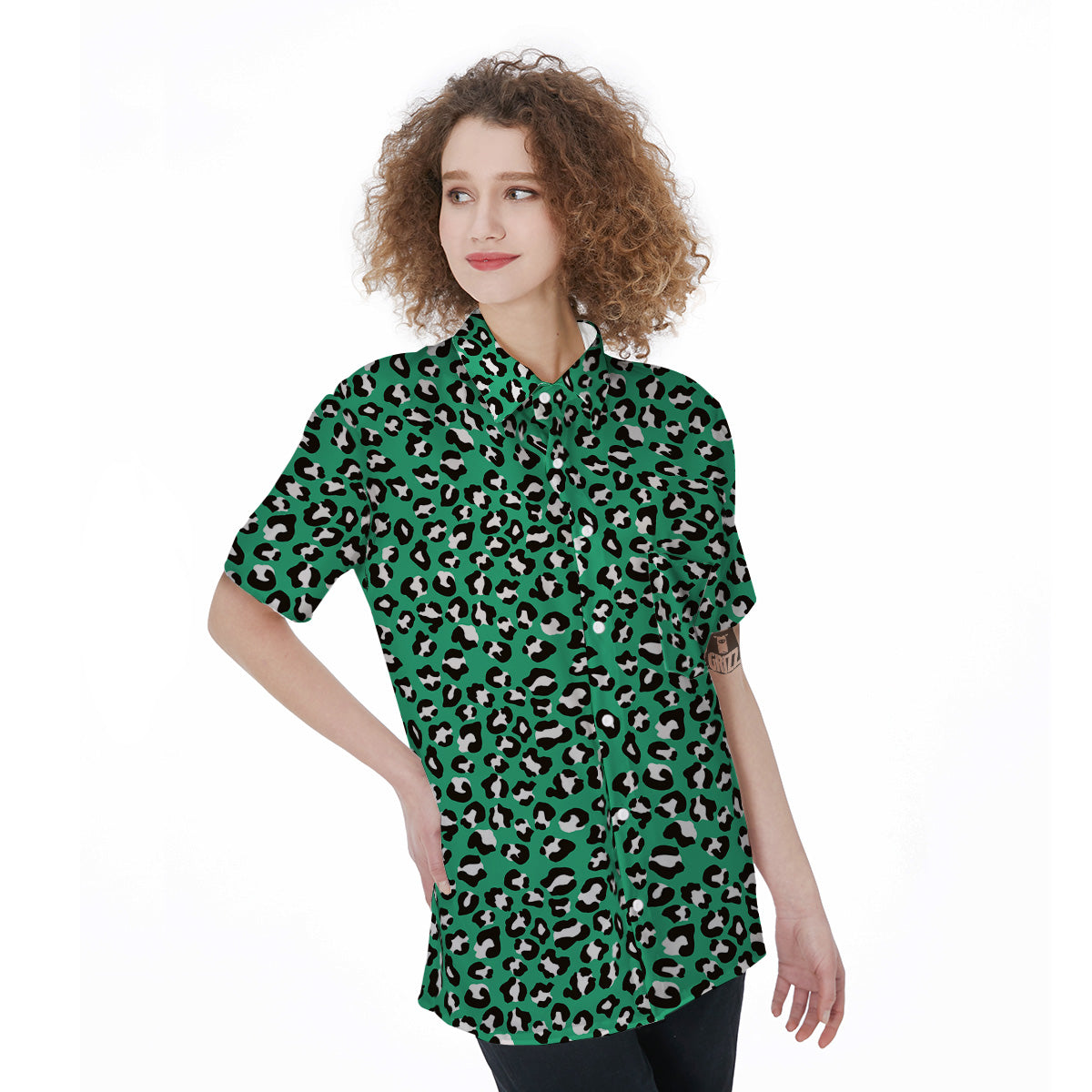 Jade Leopard Print Pattern Women's Short Sleeve Shirts-grizzshop