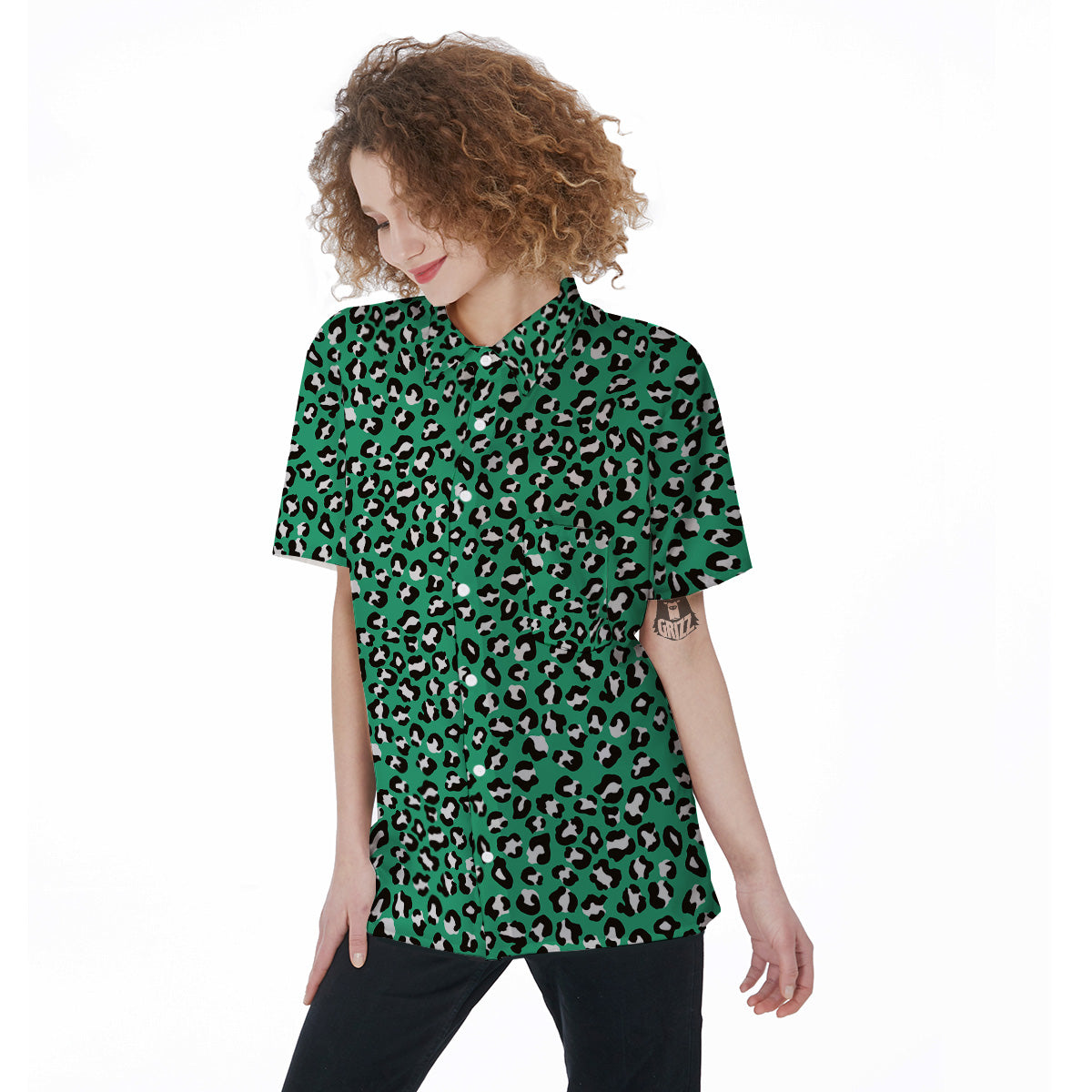 Jade Leopard Print Pattern Women's Short Sleeve Shirts-grizzshop