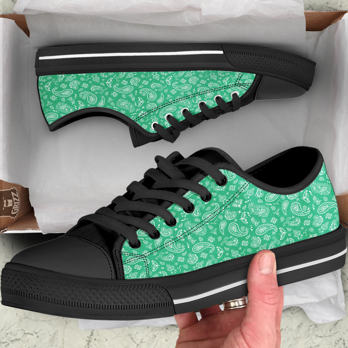 Jade Paisley Bandana Print Black Low Top Shoes-grizzshop