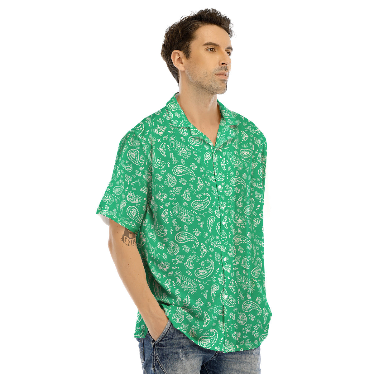 Jade Paisley Bandana Print Men’s Hawaiian Shirt-grizzshop