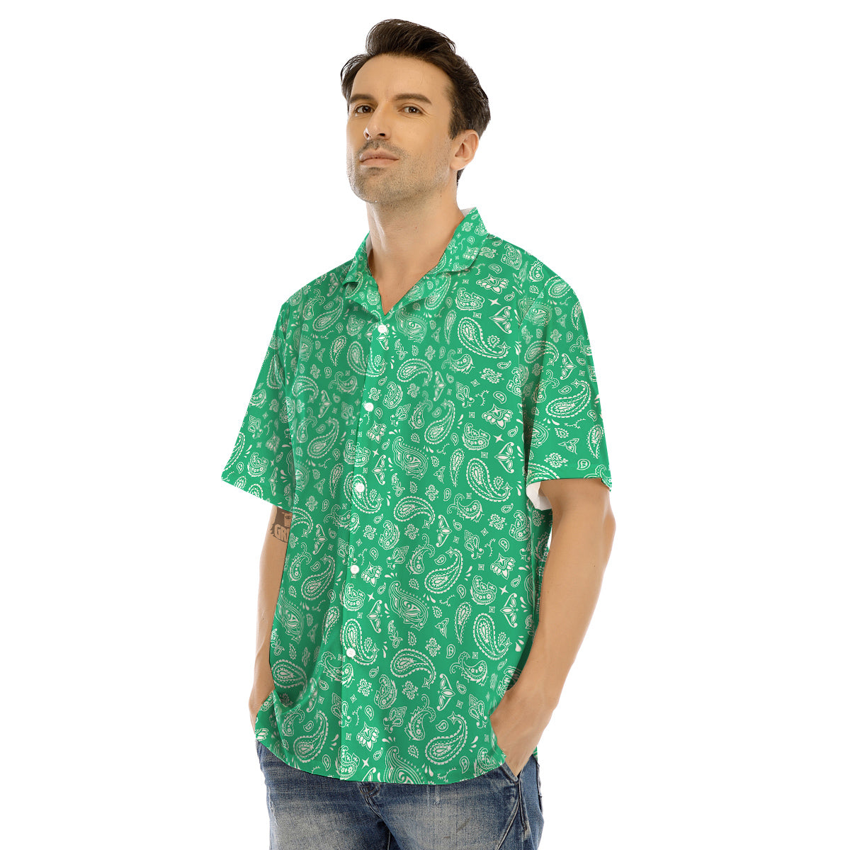 Jade Paisley Bandana Print Men’s Hawaiian Shirt-grizzshop