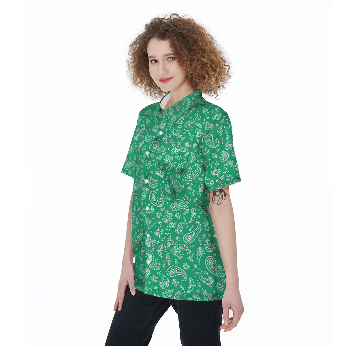 Jade Paisley Bandana Print Women's Short Sleeve Shirts-grizzshop