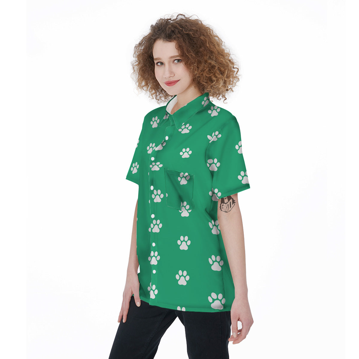 Jade Paw Print Women's Short Sleeve Shirts-grizzshop