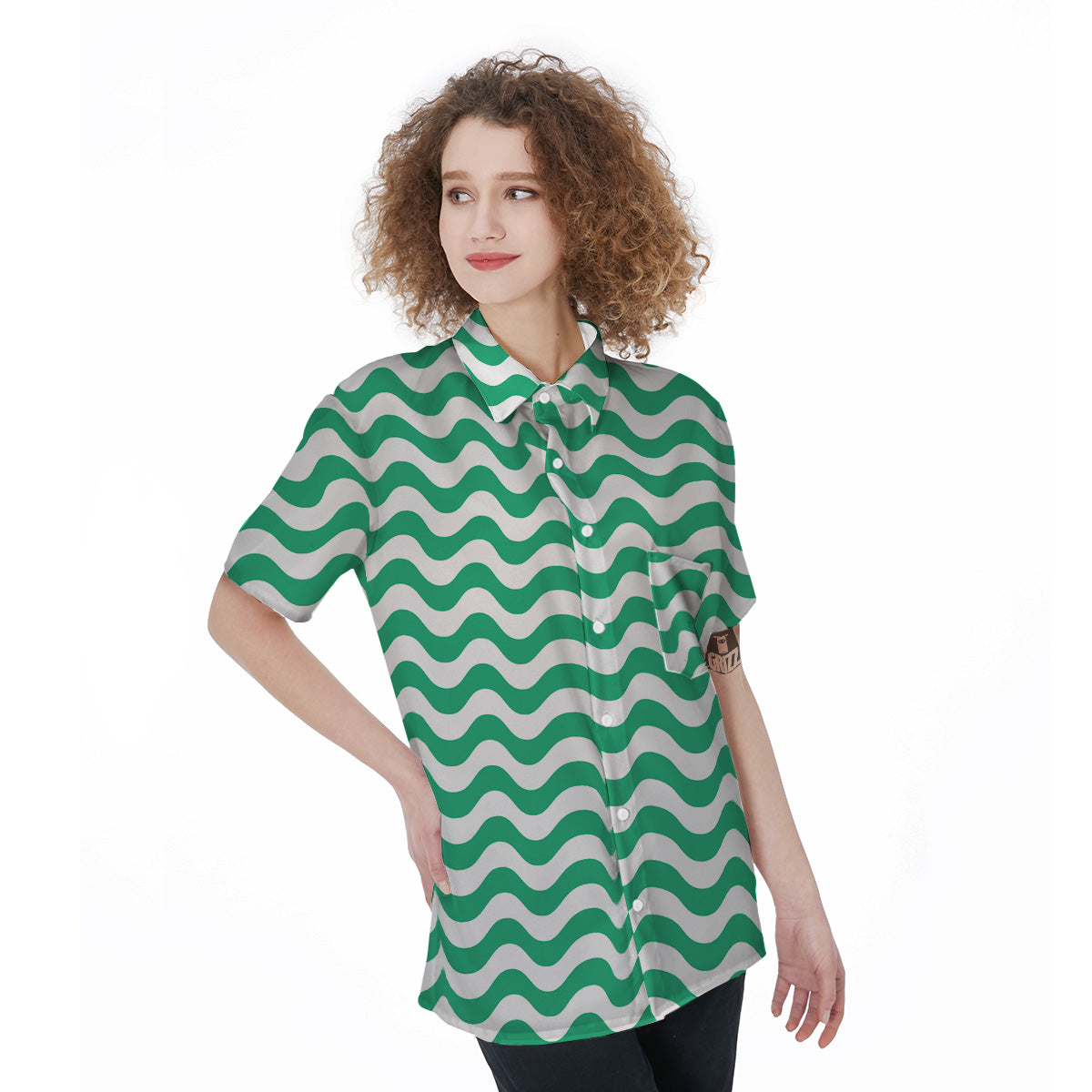 Jade Wave Striped Print Women's Short Sleeve Shirts-grizzshop