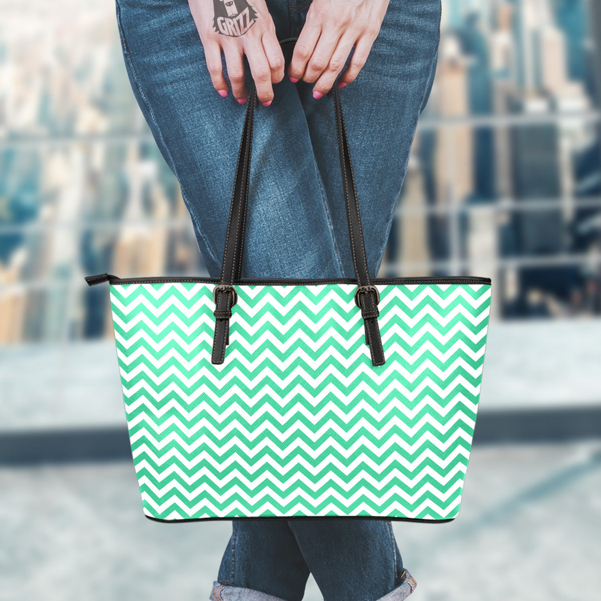 Jade Zigzag Print Pattern Leather Tote Bag-grizzshop