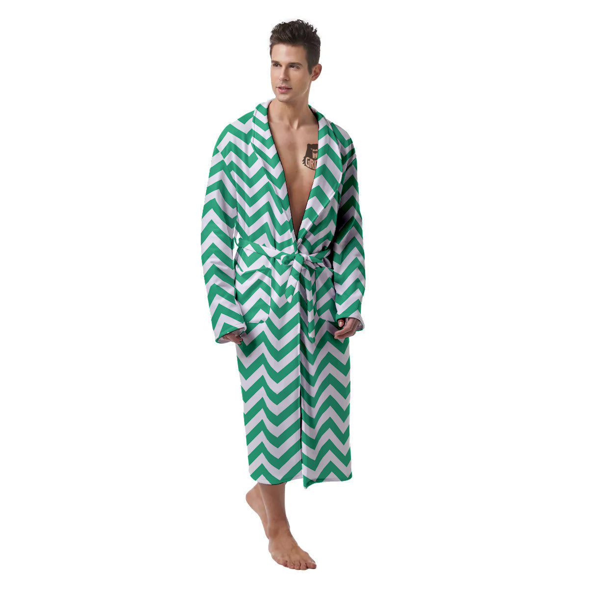Jade Zigzag Print Pattern Men's Robe-grizzshop