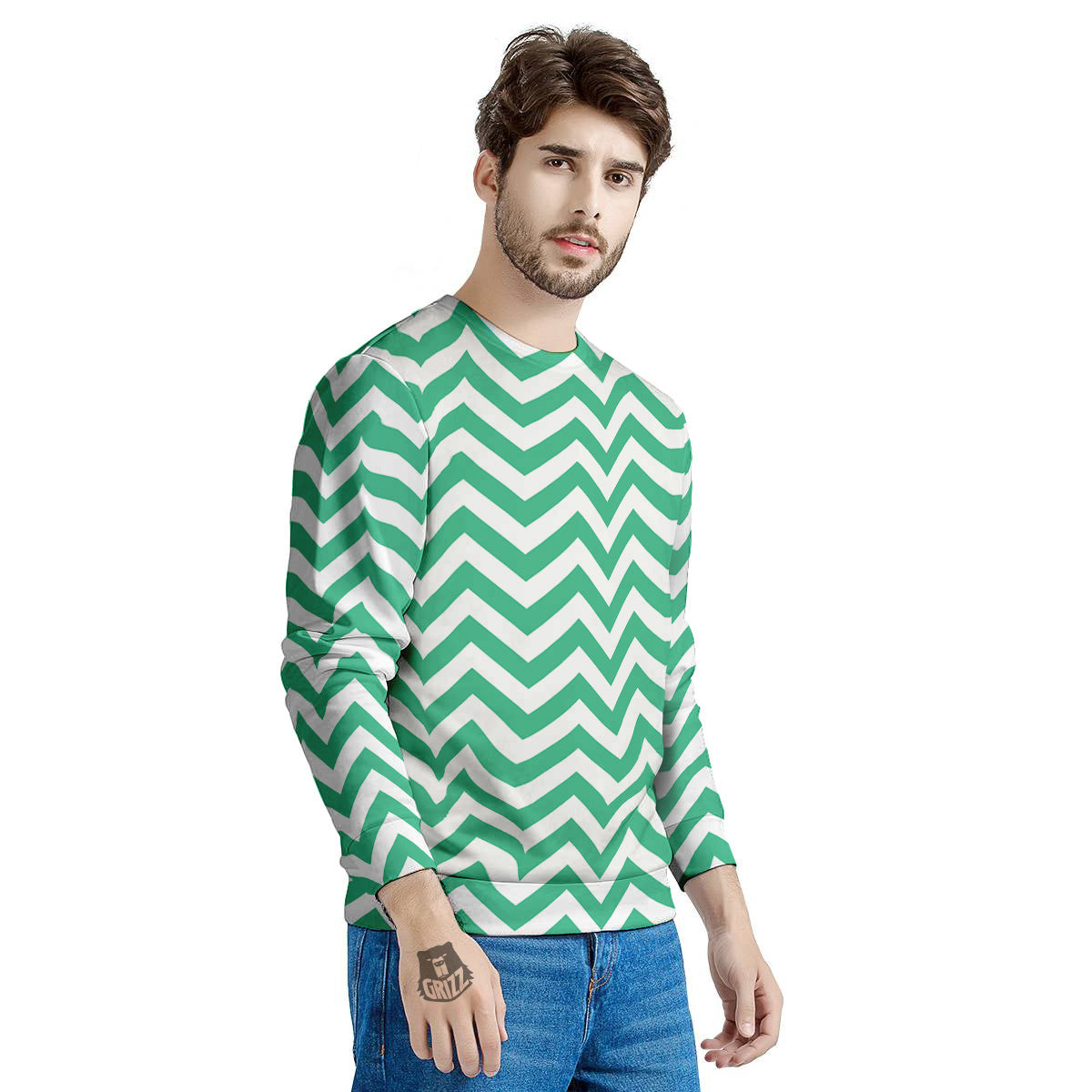 Jade Zigzag Print Pattern Men's Sweatshirt-grizzshop