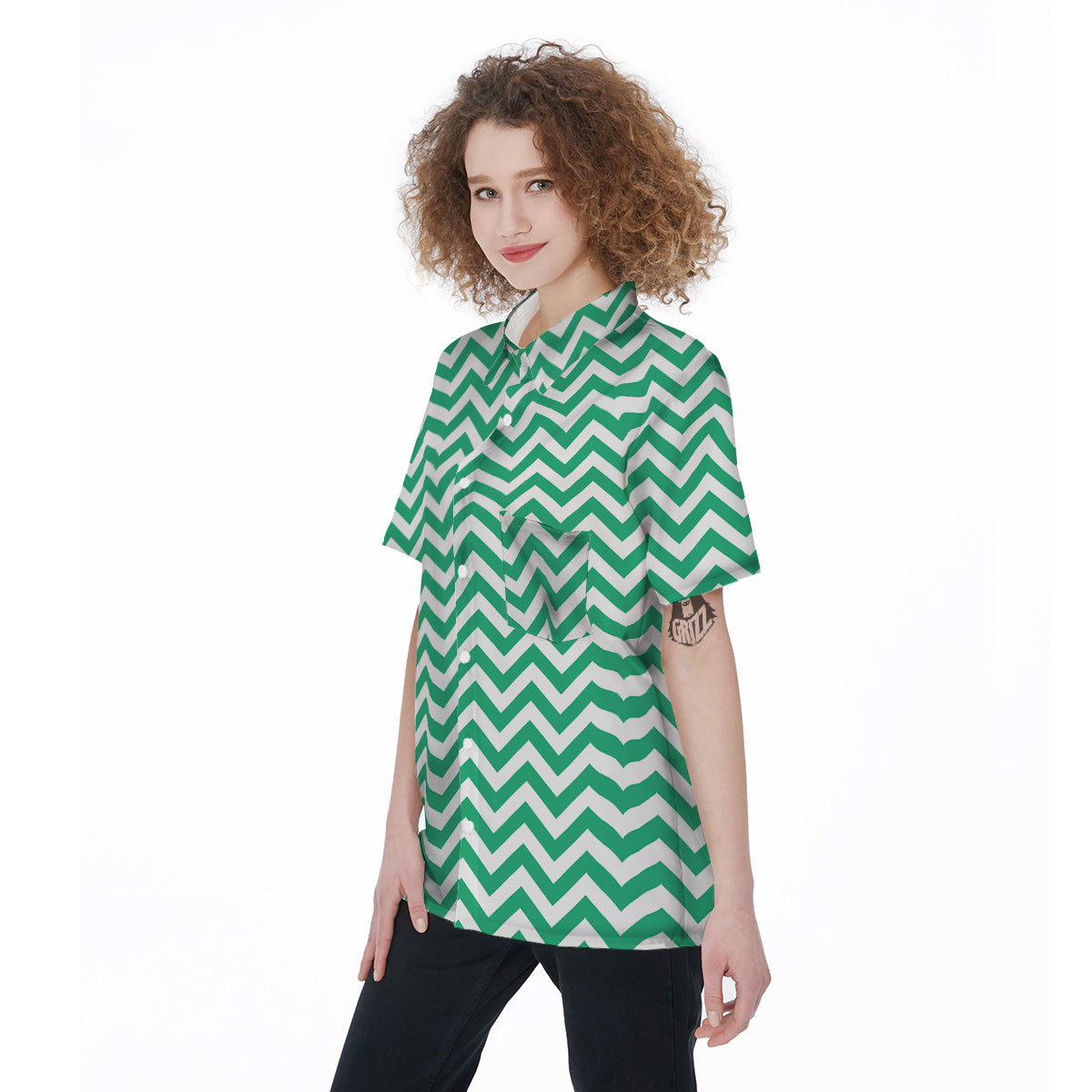 Jade Zigzag Print Pattern Women's Short Sleeve Shirts-grizzshop
