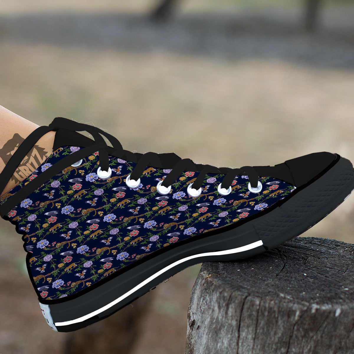 Jaguar And Eagle Print Pattern Black High Top Shoes-grizzshop