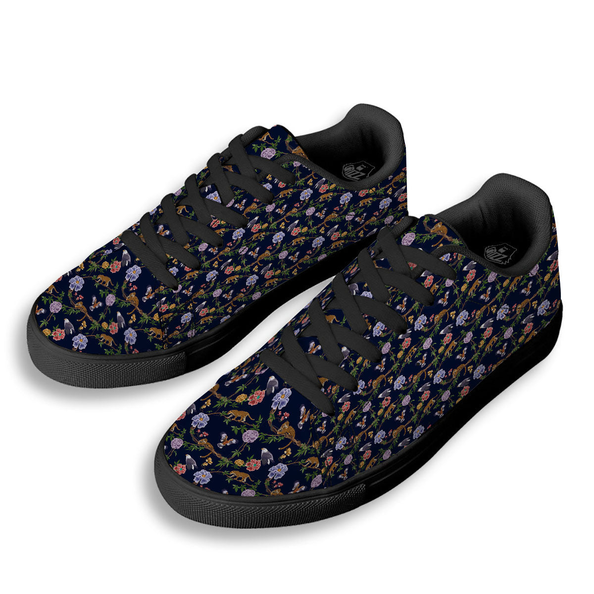 Jaguar And Eagle Print Pattern Black Low Top Sneakers-grizzshop