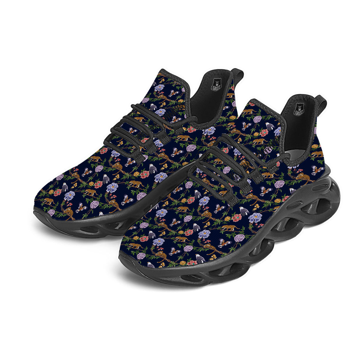Jaguar And Eagle Print Pattern Black Running Shoes-grizzshop