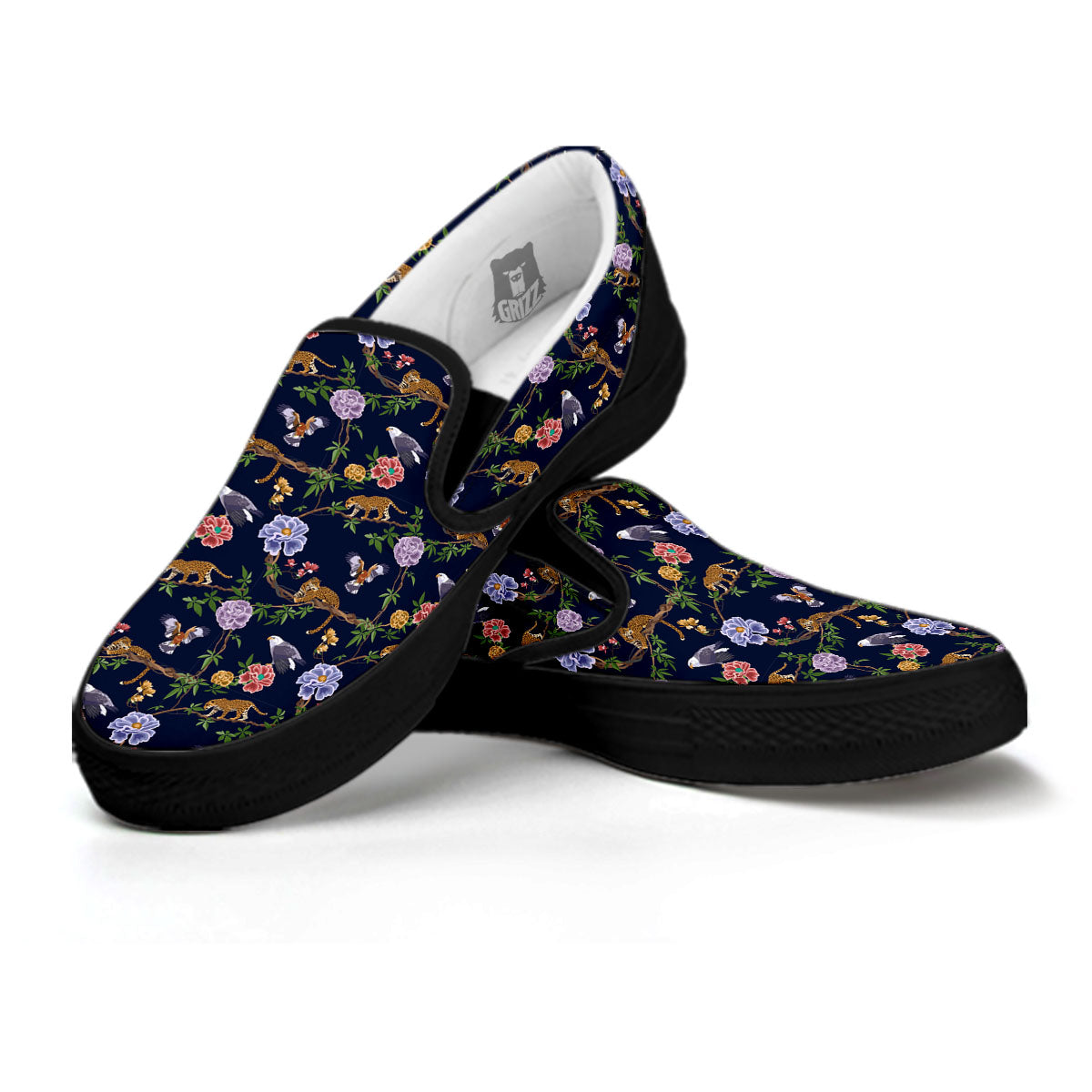 Jaguar And Eagle Print Pattern Black Slip On Shoes-grizzshop
