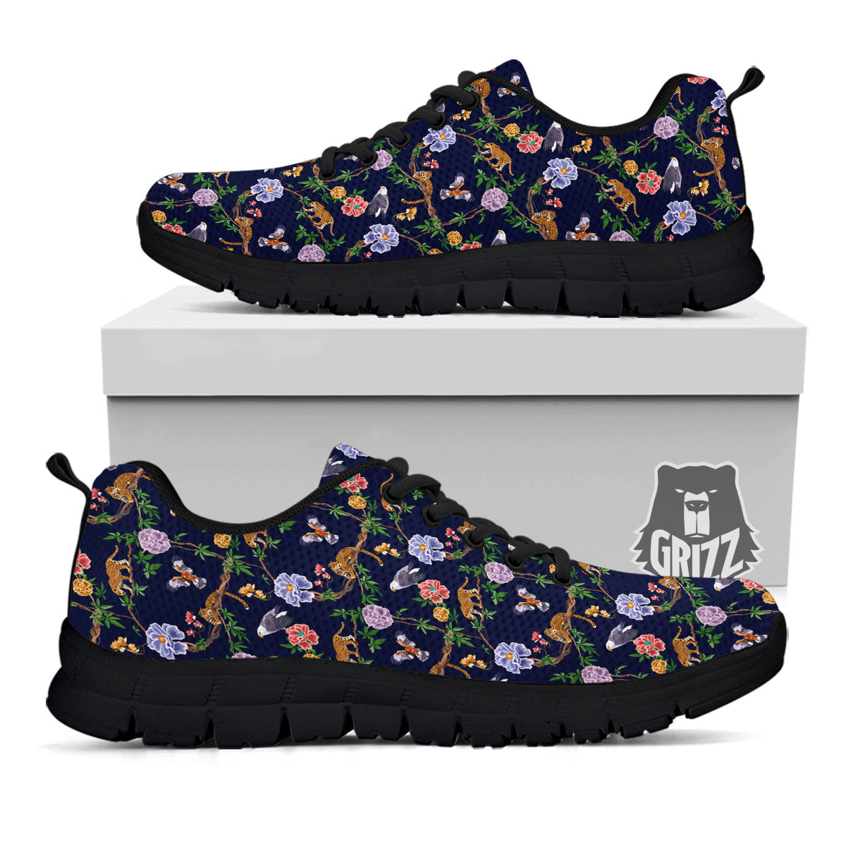 Jaguar And Eagle Print Pattern Black Sneaker-grizzshop