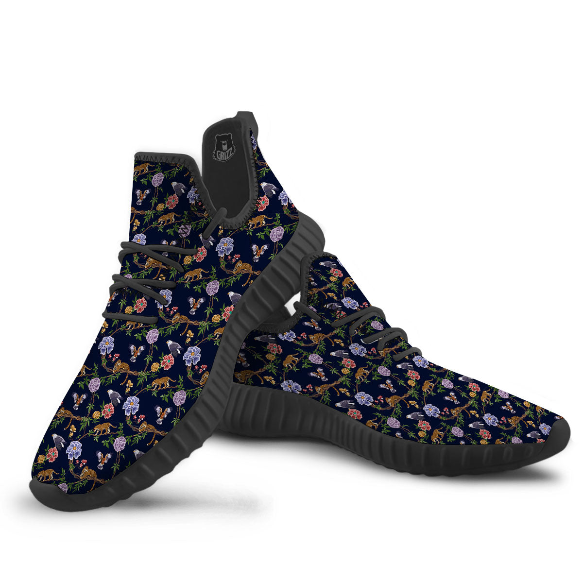 Jaguar And Eagle Print Pattern Black Walking Shoes-grizzshop