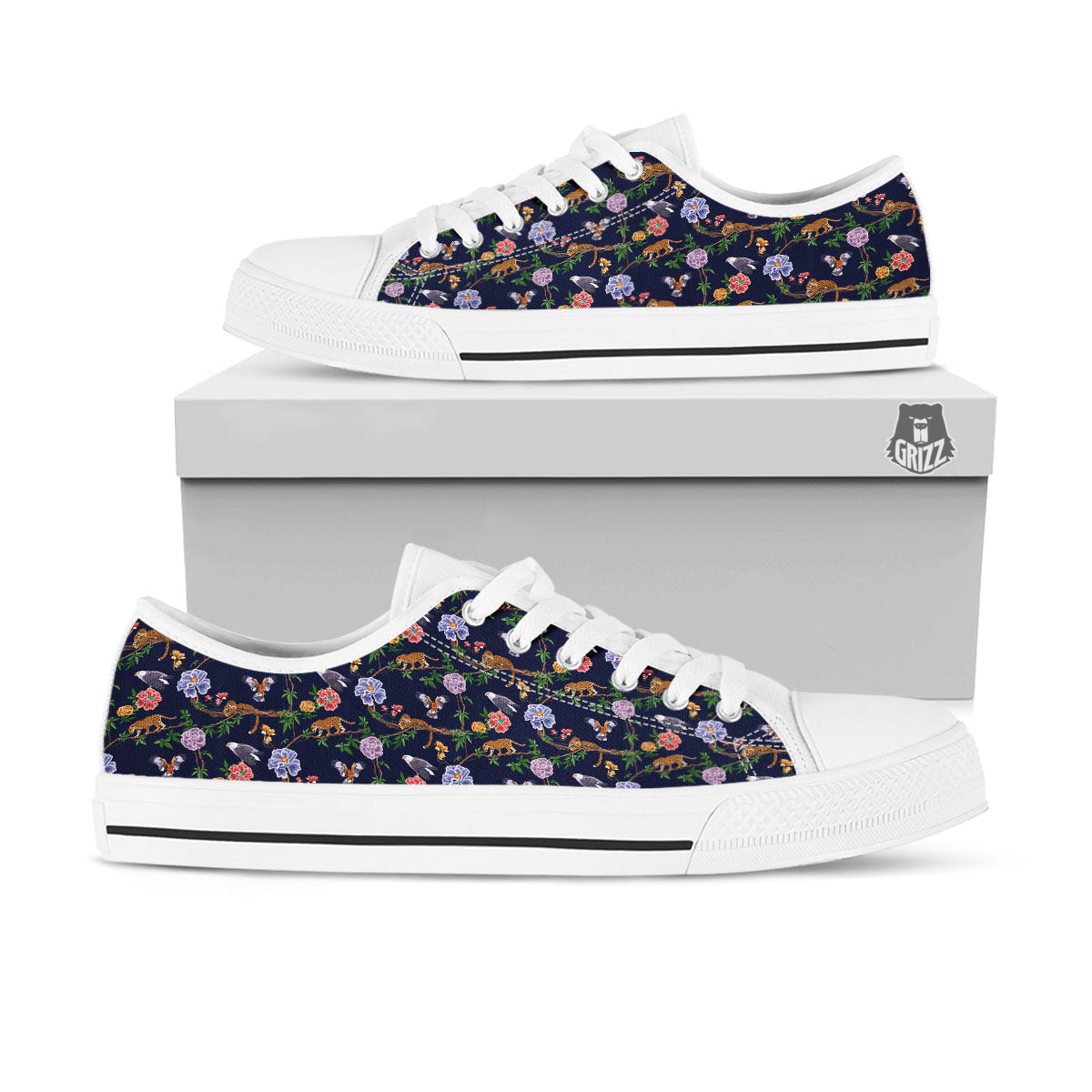 Jaguar And Eagle Print Pattern White Low Top Shoes-grizzshop