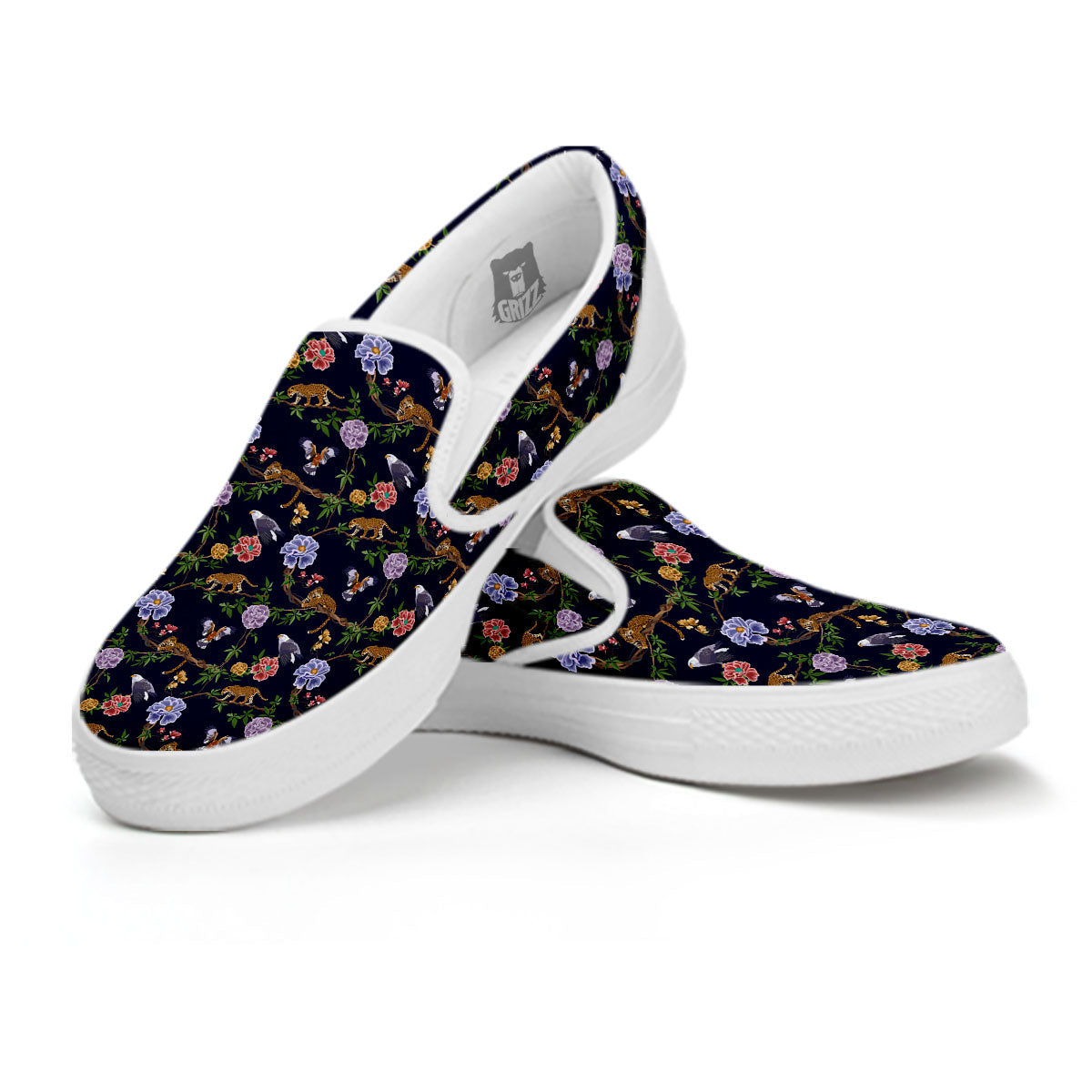 Jaguar And Eagle Print Pattern White Slip On Shoes-grizzshop