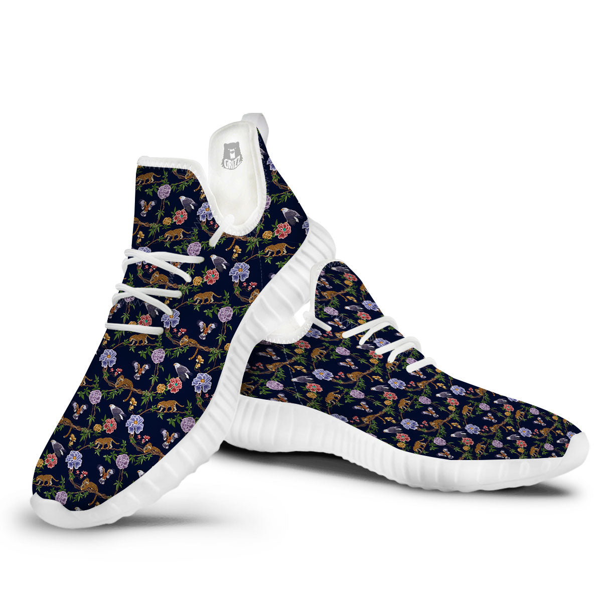 Jaguar And Eagle Print Pattern White Walking Shoes-grizzshop