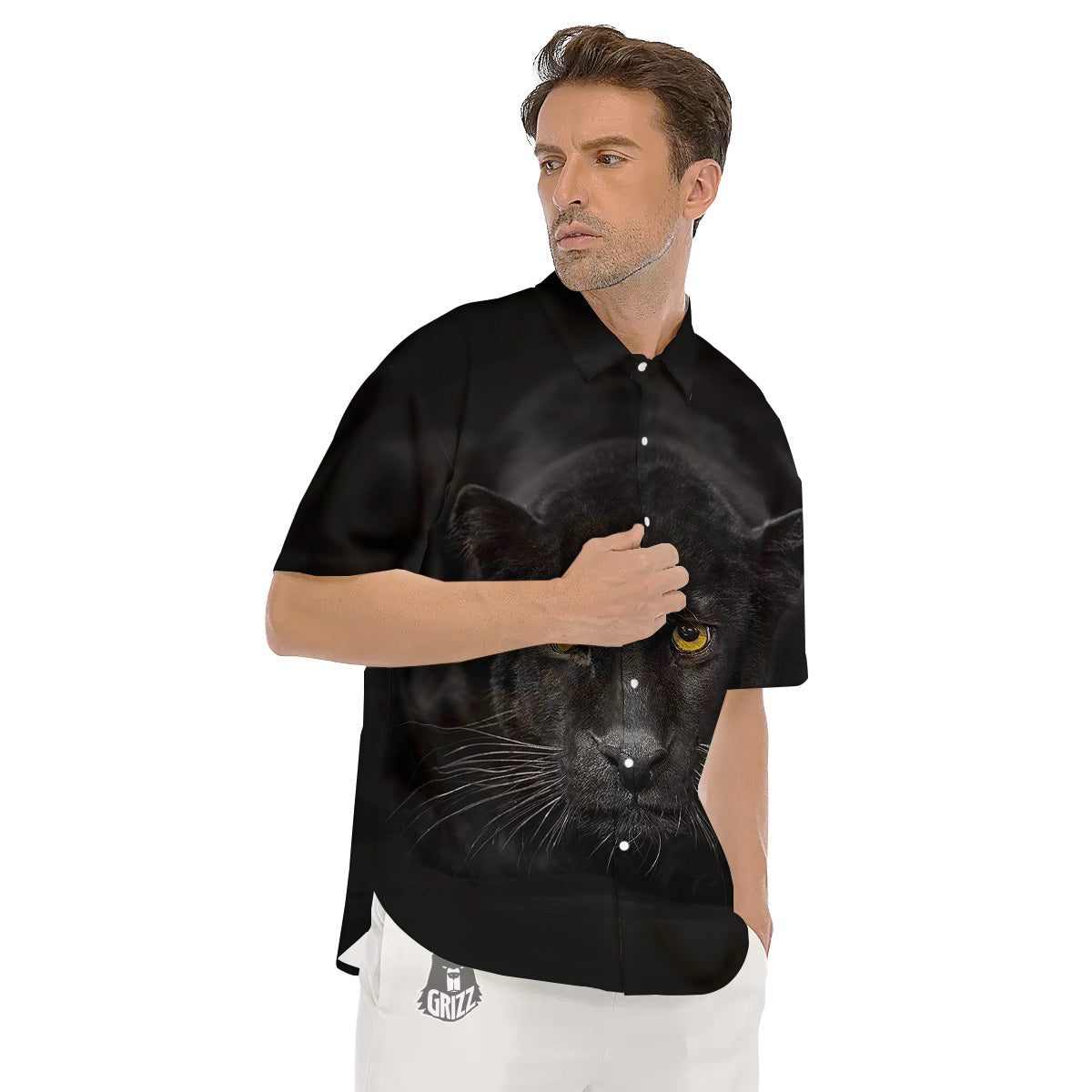 Jaguar Black Print Men's Short Sleeve Shirts-grizzshop