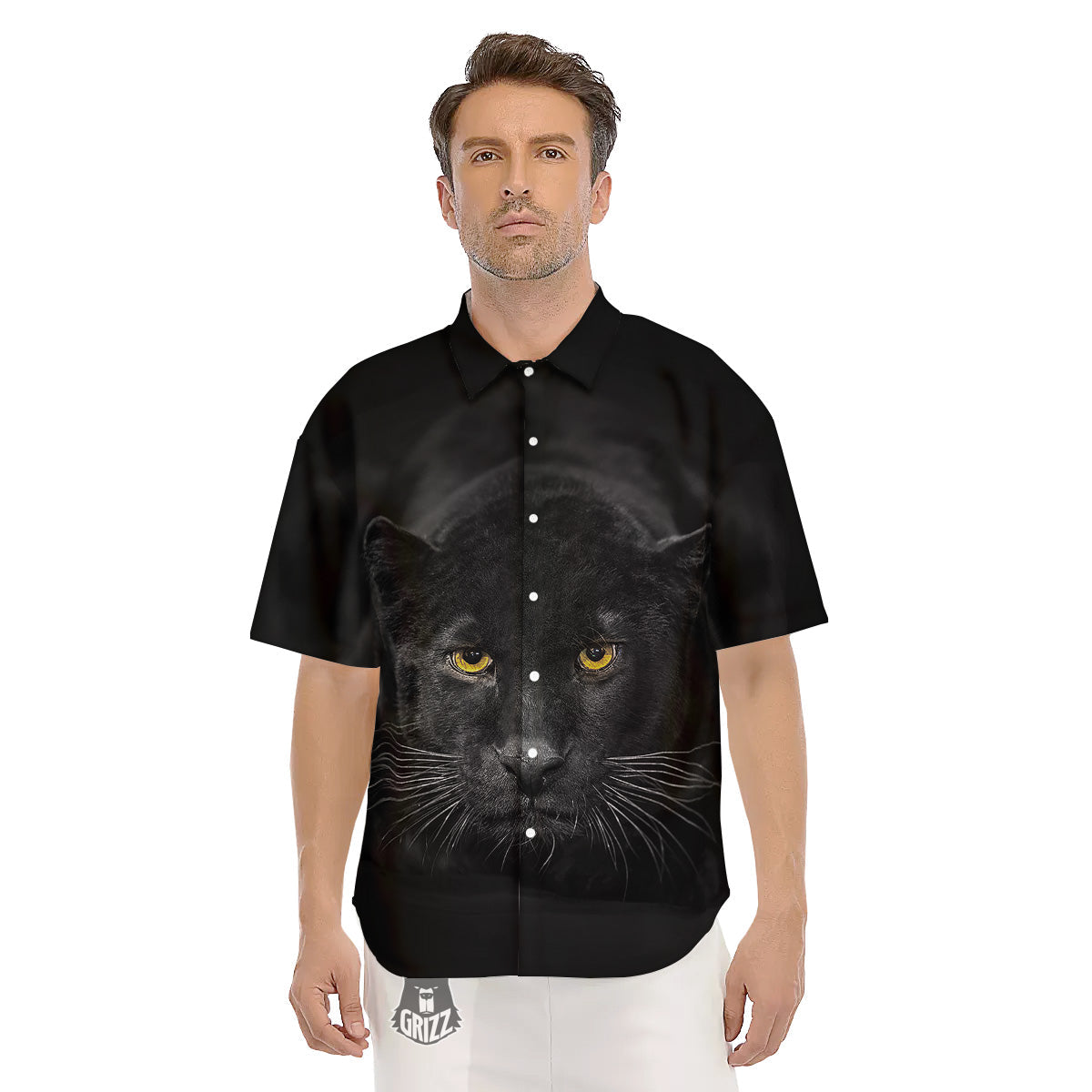 Jaguar Black Print Men's Short Sleeve Shirts-grizzshop