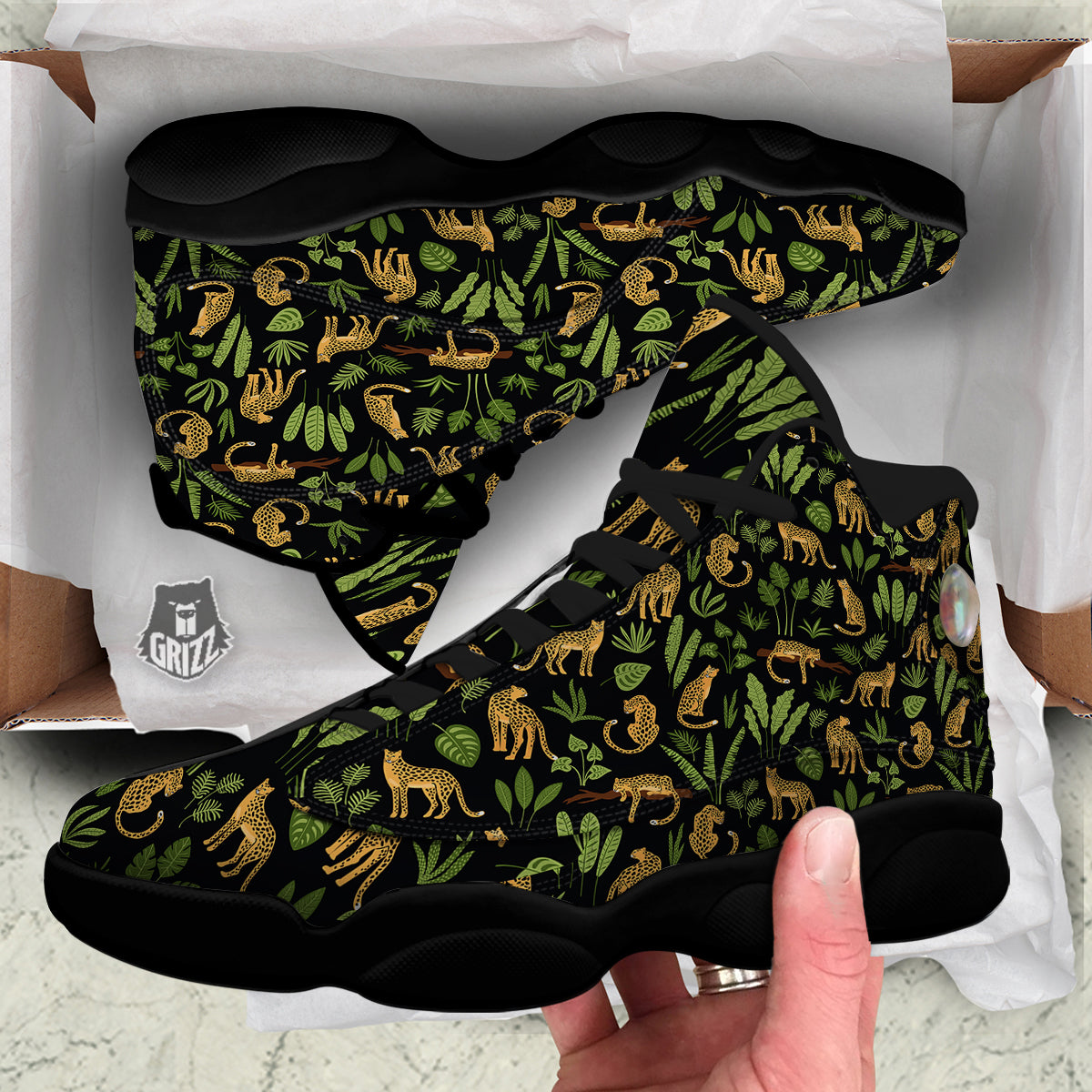 Jaguar Tropical Print Pattern Black Basketball Shoes-grizzshop
