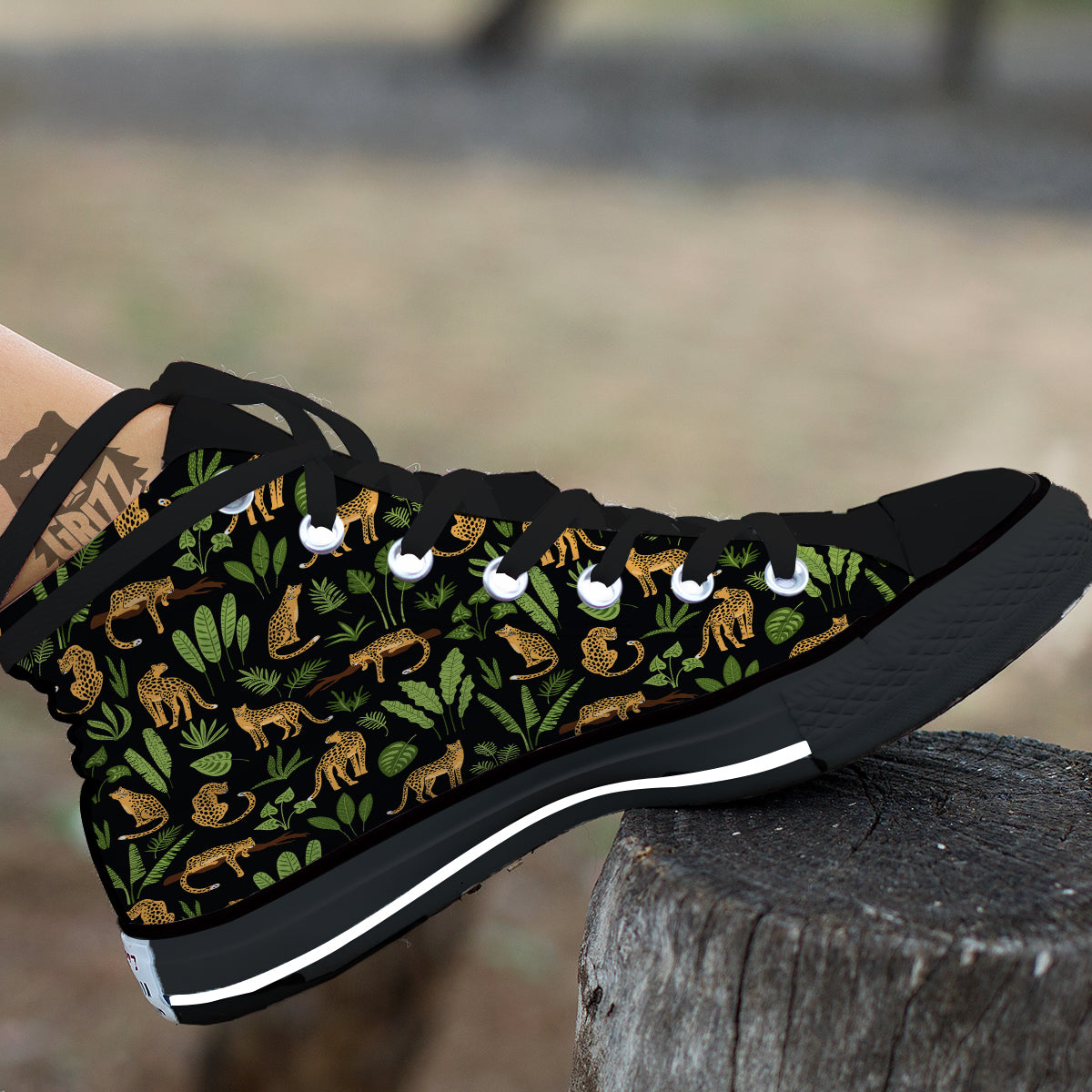Jaguar Tropical Print Pattern Black High Top Shoes-grizzshop